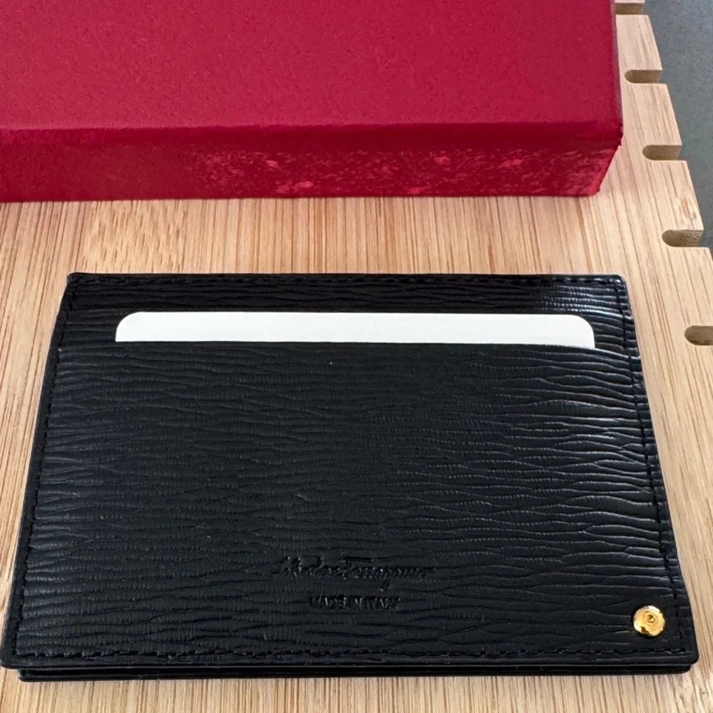 Salvatore Ferragamo NWOT Black Leather Card Case Wallet with box.